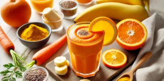 A vibrant orange smoothie in a glass, garnished with a fresh orange slice, surrounded by chopped carrot, peeled orange segments, frozen banana, flaxseeds, and turmeric powder on a wooden table. A light and fresh background enhances the refreshing appeal.