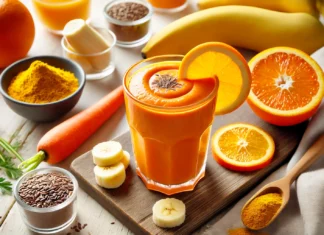 A vibrant orange smoothie in a glass, garnished with a fresh orange slice, surrounded by chopped carrot, peeled orange segments, frozen banana, flaxseeds, and turmeric powder on a wooden table. A light and fresh background enhances the refreshing appeal.