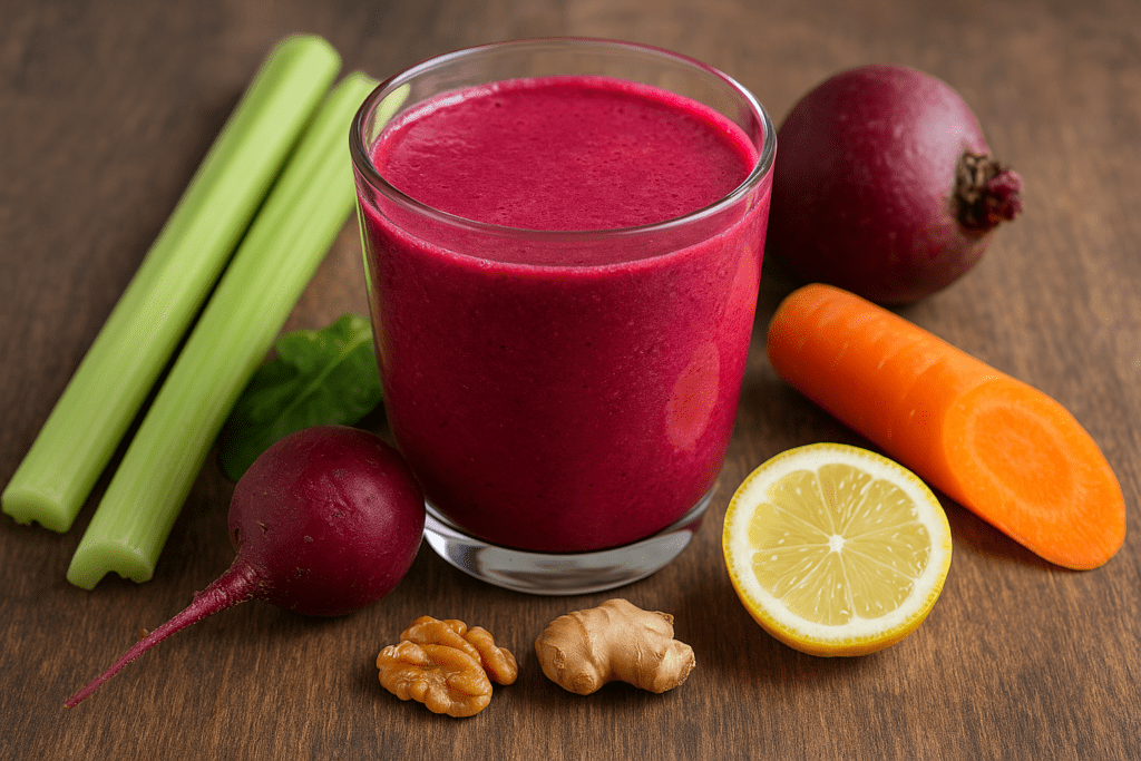 A vibrant magenta smoothie in a glass surrounded by celery stalks, raw beet, carrot, lemon slice, and ginger on a wooden surface, showcasing a detoxifying and energizing blend for heart and post-workout support.