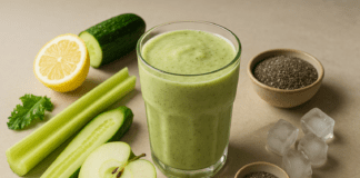 A refreshing green smoothie made with celery, cucumber, lemon, green apple, and chia seeds, surrounded by fresh ingredients on a neutral background for a heart-healthy, hydrating presentation.