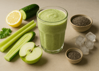 A refreshing green smoothie made with celery, cucumber, lemon, green apple, and chia seeds, surrounded by fresh ingredients on a neutral background for a heart-healthy, hydrating presentation.