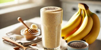 A creamy chia banana smoothie in a tall glass with a smooth golden texture, surrounded by fresh bananas, chia seeds, and almond butter on a bright kitchen counter.