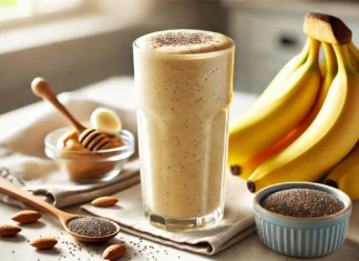 A creamy chia banana smoothie in a tall glass with a smooth golden texture, surrounded by fresh bananas, chia seeds, and almond butter on a bright kitchen counter.