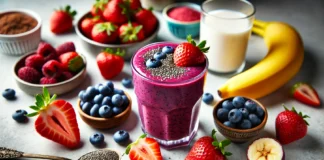 A purple-red berry smoothie in a glass, surrounded by soaked chia seeds, fresh strawberries, blueberries, banana, and almond milk on a bright kitchen counter.