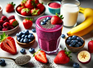 A purple-red berry smoothie in a glass, surrounded by soaked chia seeds, fresh strawberries, blueberries, banana, and almond milk on a bright kitchen counter.