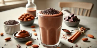 A rich and creamy Chocolate Almond Energizer Smoothie served in a modern glass, topped with cacao nibs and a drizzle of almond butter. Surrounded by fresh almonds, a small dish of cacao nibs, a cinnamon stick, and a date, the smoothie sits in a clean, neutral kitchen setting with soft natural lighting, creating a fresh and inviting atmosphere.