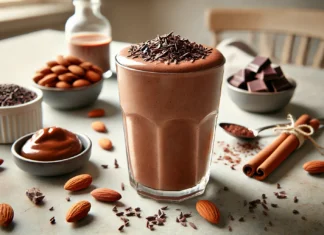 A rich and creamy Chocolate Almond Energizer Smoothie served in a modern glass, topped with cacao nibs and a drizzle of almond butter. Surrounded by fresh almonds, a small dish of cacao nibs, a cinnamon stick, and a date, the smoothie sits in a clean, neutral kitchen setting with soft natural lighting, creating a fresh and inviting atmosphere.