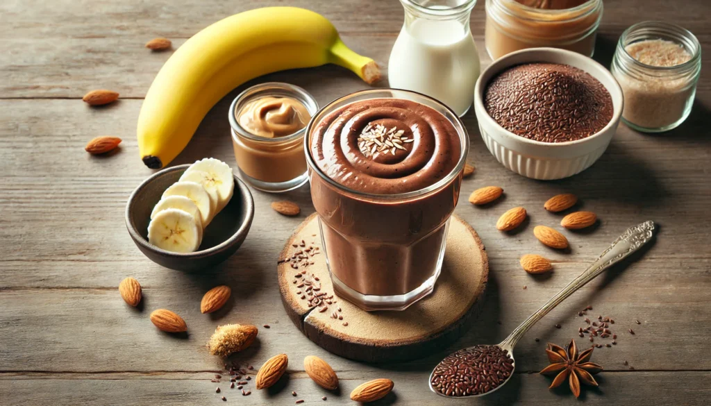 A rich, chocolate almond smoothie in a clear glass, with cocoa powder, flaxseeds, almond butter, banana, and almond milk—packed with omega-3s and antioxidants to reduce triglycerides and boost heart health.