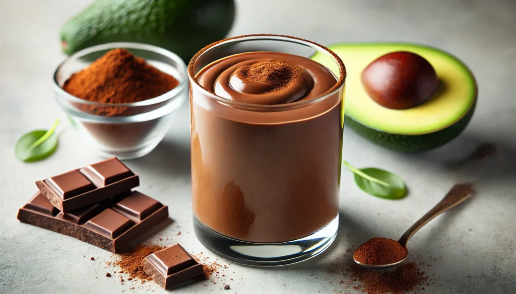 A rich and creamy chocolate avocado smoothie in a clear glass, surrounded by fresh avocado halves, raw cacao powder, a drizzle of olive oil, and a sprinkle of cinnamon, highlighting brain-boosting ingredients.