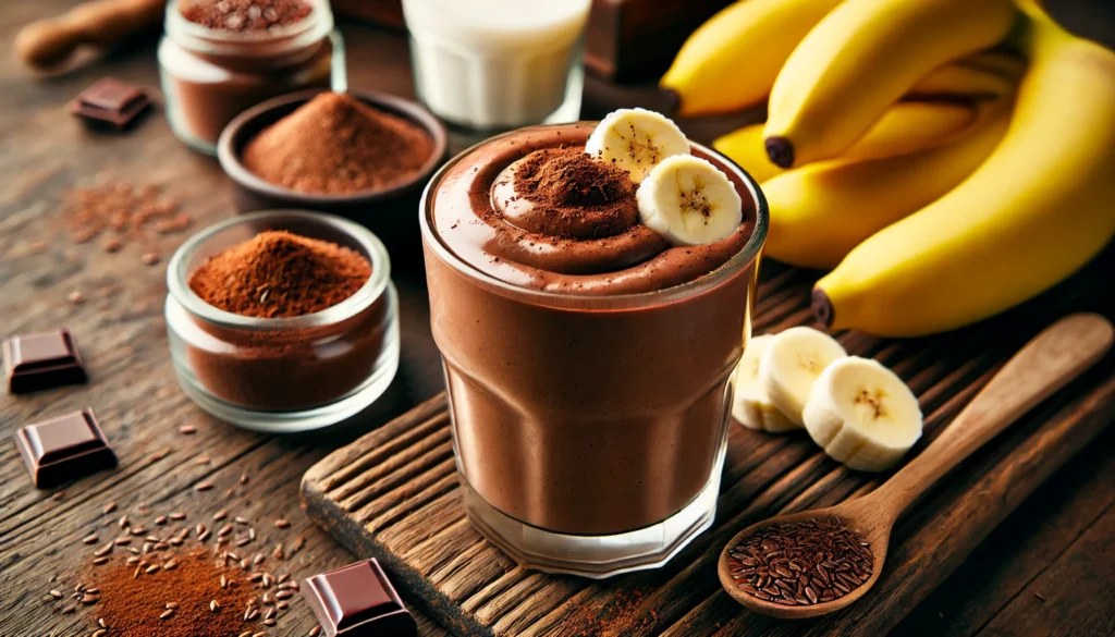 A creamy chocolate-banana smoothie in a clear glass, featuring a deep brown color and a velvety texture. Garnished with a dusting of cacao powder and banana slices, with fresh bananas, flaxseeds, cacao powder, and almond milk in the background.