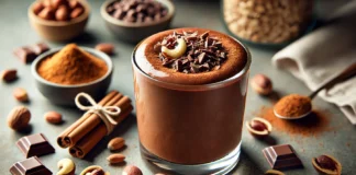 A deep brown chocolate smoothie made with Brazil nuts, raw cacao, oat milk, and cinnamon, served in a clear glass with a dusting of cacao powder on top, alongside Brazil nuts, cinnamon sticks, and cacao nibs, set against a softly lit kitchen background emphasizing the rich and indulgent ingredients.