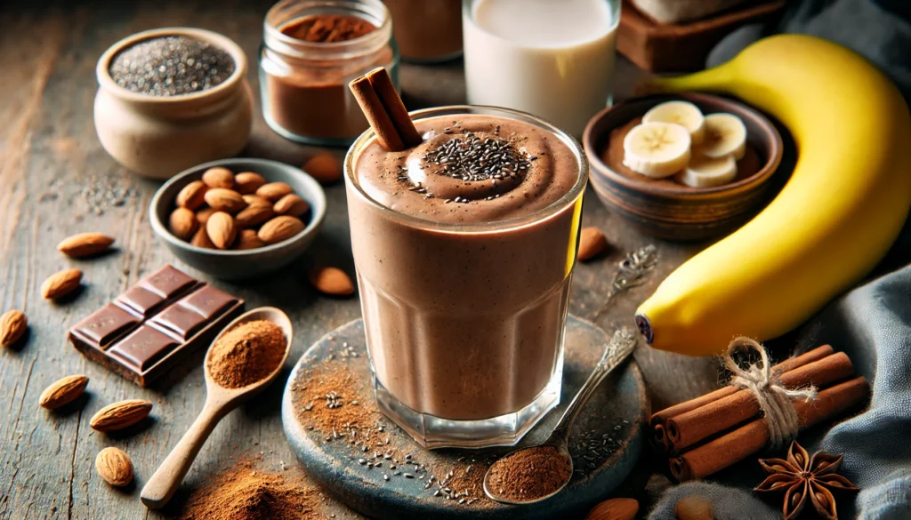 A creamy chocolate smoothie in a glass, surrounded by cocoa powder, banana, almond butter, soaked chia seeds, cinnamon stick, and almond milk on a cozy kitchen counter.