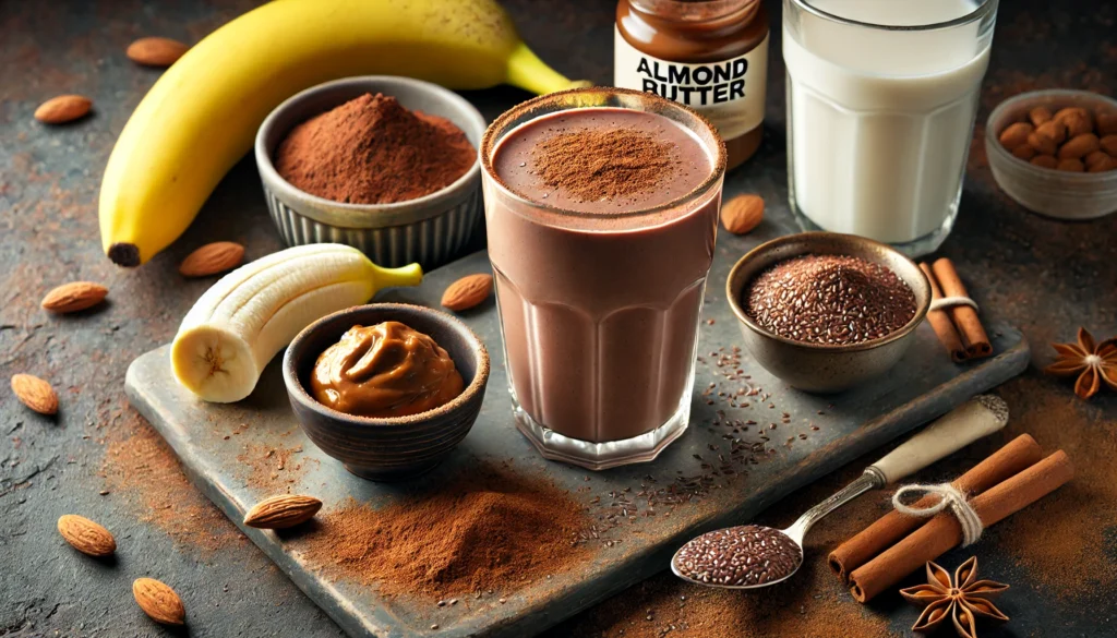 A rich chocolate smoothie in a glass, surrounded by cocoa powder, banana, almond butter, flaxseeds, almond milk, and cinnamon on a cozy kitchen counter.