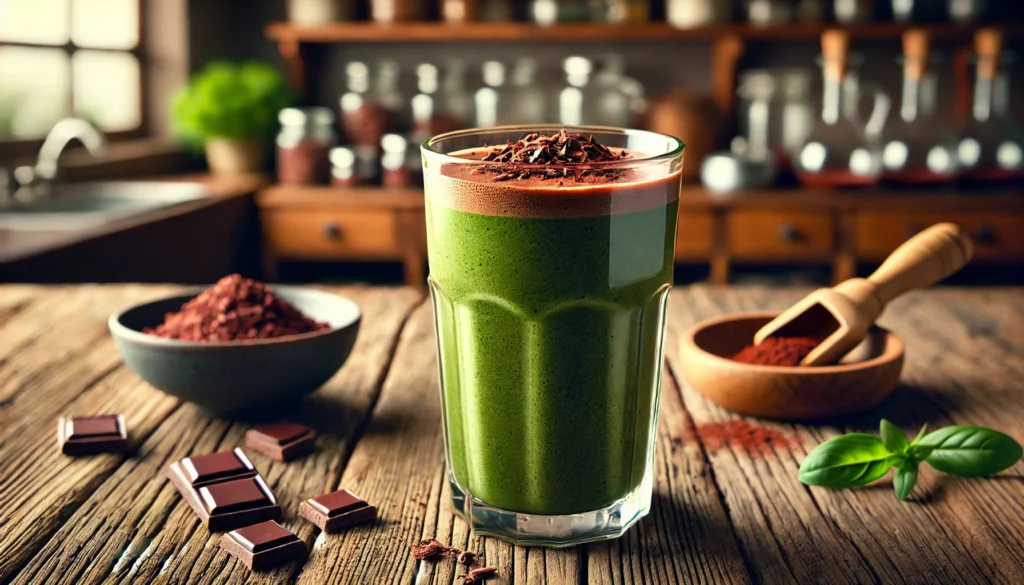 A rich chocolate matcha smoothie in a tall glass, garnished with cocoa powder and cacao nibs, placed on a rustic wooden table with a cozy kitchen background and warm, natural lighting.