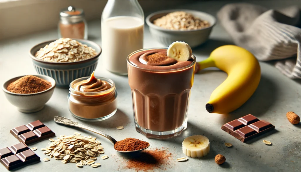 A rich chocolate smoothie in a glass, surrounded by oats, banana, raw cacao, peanut butter, soy milk, and cinnamon on a softly lit kitchen counter.