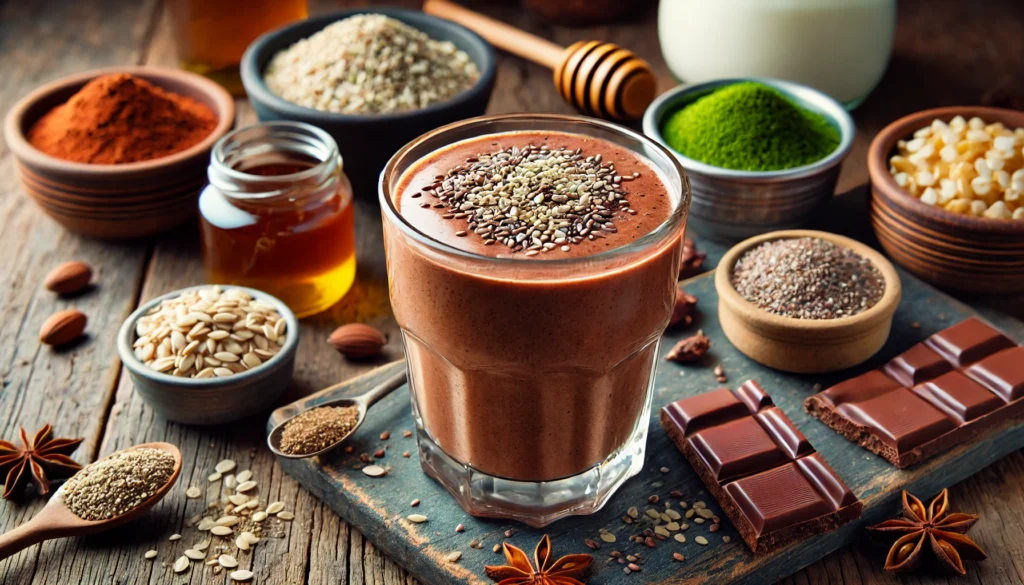 A rich and creamy chocolate smoothie in a glass with a deep brown color, garnished with hemp seeds and cacao powder, surrounded by ingredients including barley grass powder, raw cacao powder, hemp seeds, oat milk, and honey on a rustic wooden surface. The cozy and nourishing background highlights its muscle-repairing benefits.