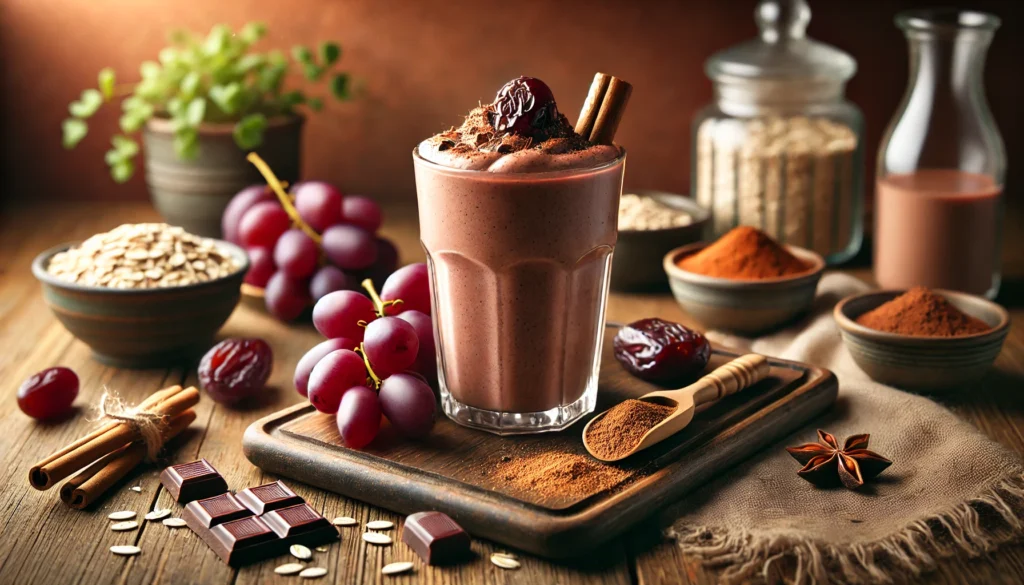 A decadent chocolate smoothie in a tall glass, featuring a blend of red grapes, raw cacao powder, oat milk, a date, cinnamon, and vanilla extract. Garnished with cacao shavings and red grapes, placed in a cozy, inviting setting with warm tones.