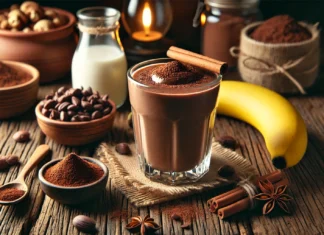 A creamy chocolate smoothie with cacao powder and cinnamon stick garnish, surrounded by raw cacao, banana, reishi powder, and almond milk on a rustic table.