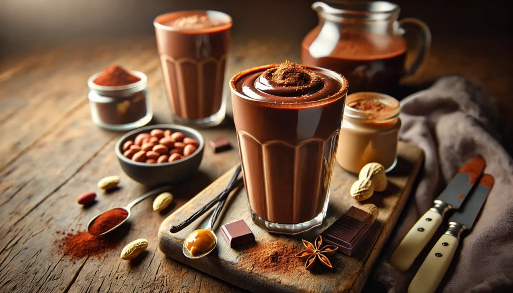 A rich and indulgent Chocolate Spirulina Performance Shake in a tall glass with a deep chocolate color. Topped with a light drizzle of peanut butter and a dusting of cocoa powder, the smoothie sits on a wooden surface with raw cacao powder, peanuts, and a small dish of vanilla extract, emphasizing its muscle-recovery and endurance-enhancing properties.