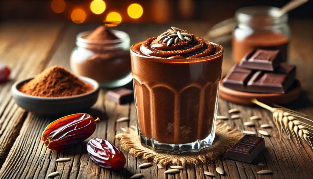 A rich and velvety chocolate smoothie in a glass, blended with sunflower seed butter, cacao powder, oat milk, and a Medjool date, placed on a rustic wooden table with cacao powder, sunflower seeds, and a date nearby under warm natural lighting.