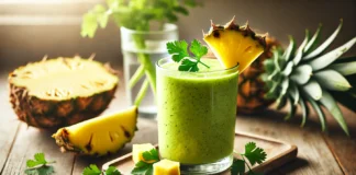 A vibrant and refreshing Cilantro Pineapple Muscle Recovery Smoothie in a tall glass with a light green color. Garnished with a sprig of fresh cilantro and a small pineapple wedge, the smoothie sits on a wooden surface surrounded by pineapple chunks, a banana, and a glass of coconut water, highlighting its tropical and muscle-repairing benefits.