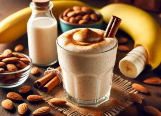 A creamy cinnamon almond smoothie in a clear glass, topped with a sprinkle of cinnamon. Surrounding the glass are almonds, a banana, a drizzle of honey, and a bottle of almond milk, highlighting brain-boosting ingredients.