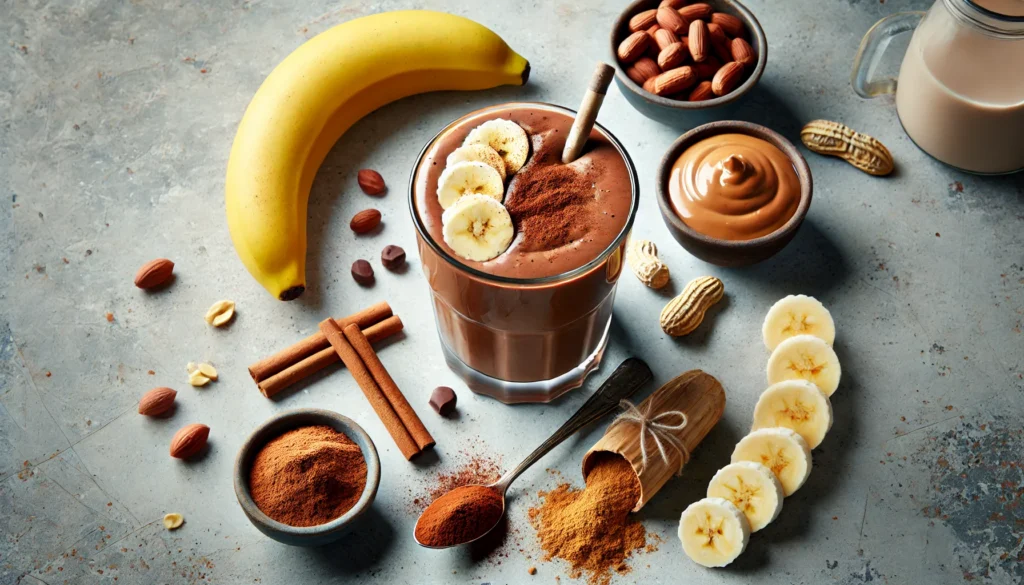 A rich, chocolate-hued smoothie in a clear glass, surrounded by banana, cocoa powder, cinnamon, peanut butter, and soy milk—designed to support blood sugar stability and enhance heart health with indulgent flavor.