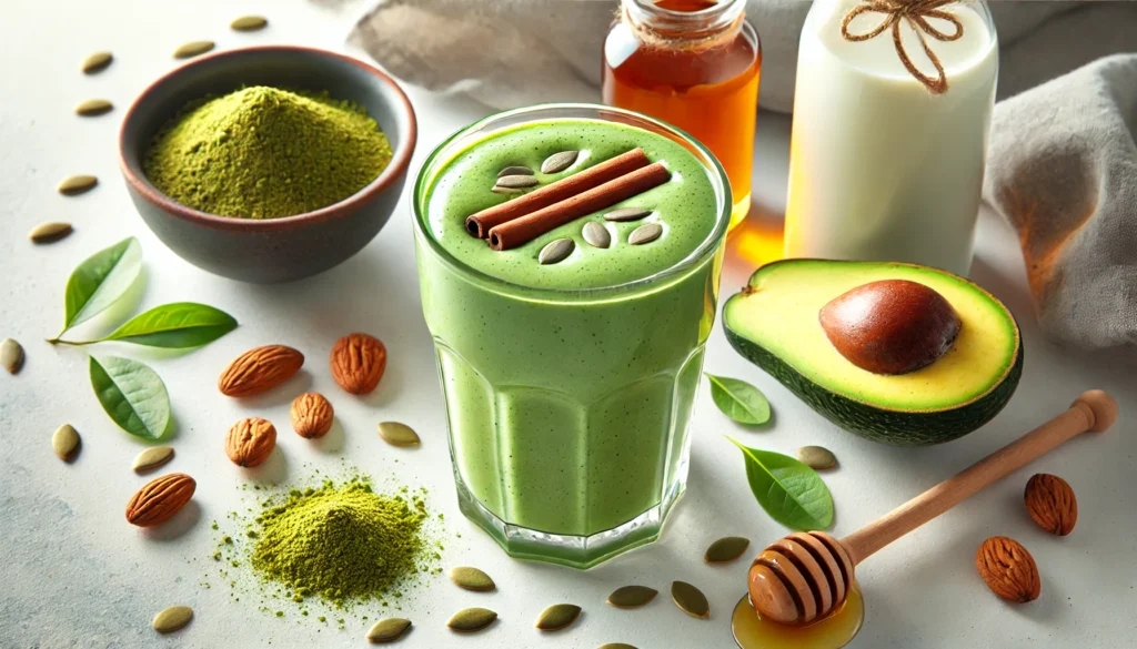 A vibrant green cinnamon matcha smoothie in a clear glass, with a smooth and creamy texture. Surrounding the glass are matcha powder, pumpkin seeds, avocado halves, a drizzle of honey, and a bottle of oat milk, emphasizing brain-boosting nutrition.