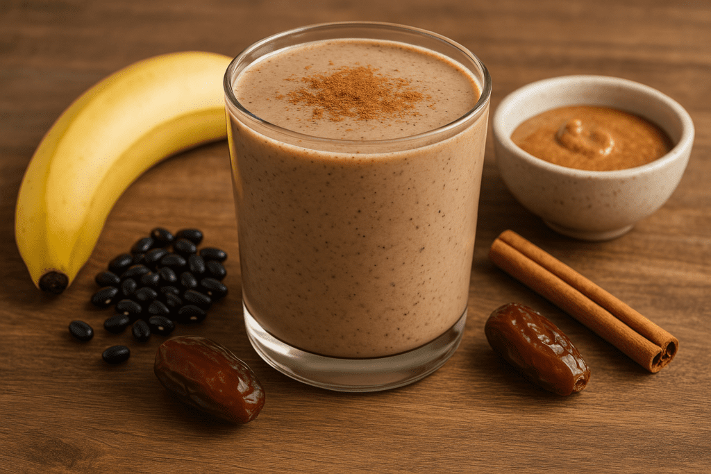 A creamy breakfast smoothie made with black beans, banana, almond butter, cinnamon, nutmeg, and dates, served in a glass with ingredients arranged around it on a wooden surface.