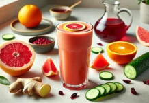 A refreshing citrus hibiscus smoothie in a tall glass, surrounded by vibrant orange and grapefruit slices, chopped cucumber, fresh ginger, and hibiscus tea—perfect for hydration and lowering blood pressure naturally.