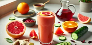 A refreshing citrus hibiscus smoothie in a tall glass, surrounded by vibrant orange and grapefruit slices, chopped cucumber, fresh ginger, and hibiscus tea—perfect for hydration and lowering blood pressure naturally.