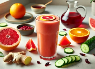 A refreshing citrus hibiscus smoothie in a tall glass, surrounded by vibrant orange and grapefruit slices, chopped cucumber, fresh ginger, and hibiscus tea—perfect for hydration and lowering blood pressure naturally.