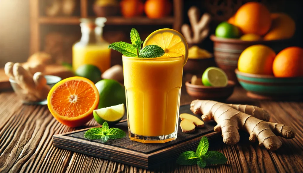 A citrus-infused smoothie in a clear glass, featuring a bright orange and yellow blend of orange, lime, and ginger. The smoothie is garnished with a slice of orange and fresh mint leaves, surrounded by fresh citrus fruits and ginger root on a rustic wooden table.