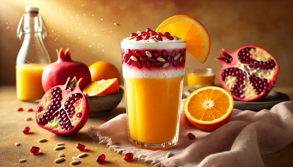 A citrus-infused smoothie in a tall glass, featuring a bright orange and red blend of pomegranate juice, orange juice, Greek yogurt, sunflower seeds, and ginger. Garnished with pomegranate seeds and an orange slice, set in a warm, sunlit setting.
