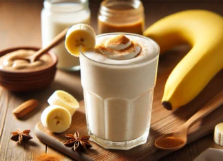 A creamy and nutritious classic vanilla protein smoothie in a tall glass, light beige in color, garnished with a banana slice and a sprinkle of cinnamon. The smoothie is placed on a wooden surface, surrounded by a small jar of almond butter, Greek yogurt, and fresh banana, creating a warm and inviting feel.