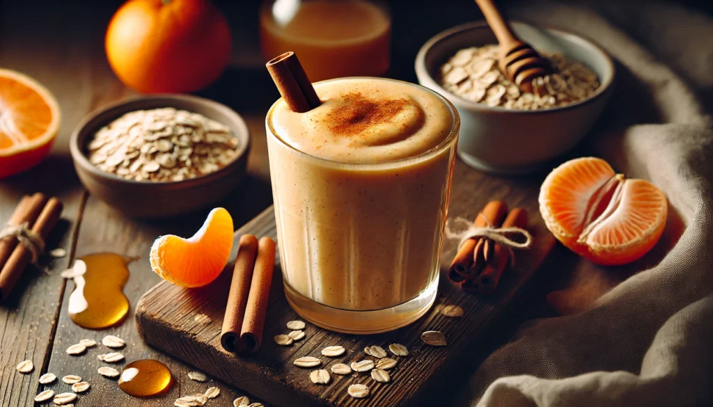 A thick and creamy oatmeal smoothie with a golden hue, infused with clementine and cinnamon, placed on a wooden surface alongside fresh clementines, a small bowl of oats, cinnamon sticks, and maple syrup, creating a warm and comforting ambiance.