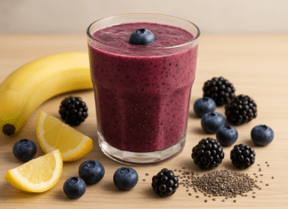 A vibrant berry smoothie in a glass surrounded by banana, lemon wedges, blueberries, blackberries, and chia seeds on a light wooden surface, illustrating a heart-healthy recipe with coconut water.