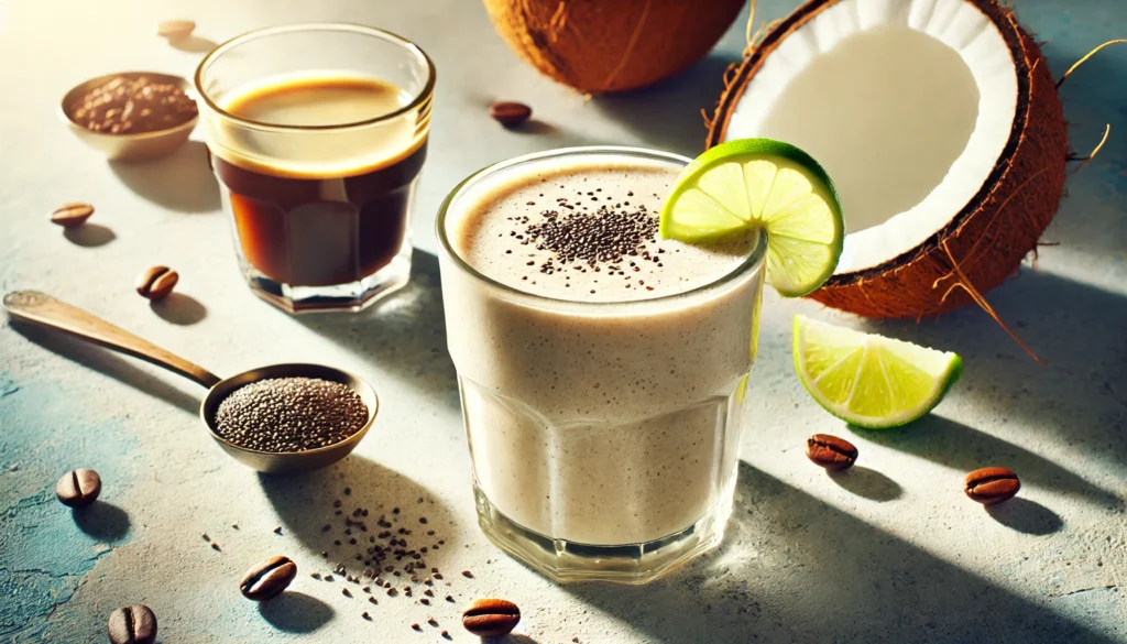 A refreshing coffee and coconut smoothie in a clear glass, garnished with a lime wedge. The smoothie has a smooth, creamy texture and is placed on a bright, sunlit surface with a cup of cold brew coffee, a coconut half, and a few chia seeds in the background.