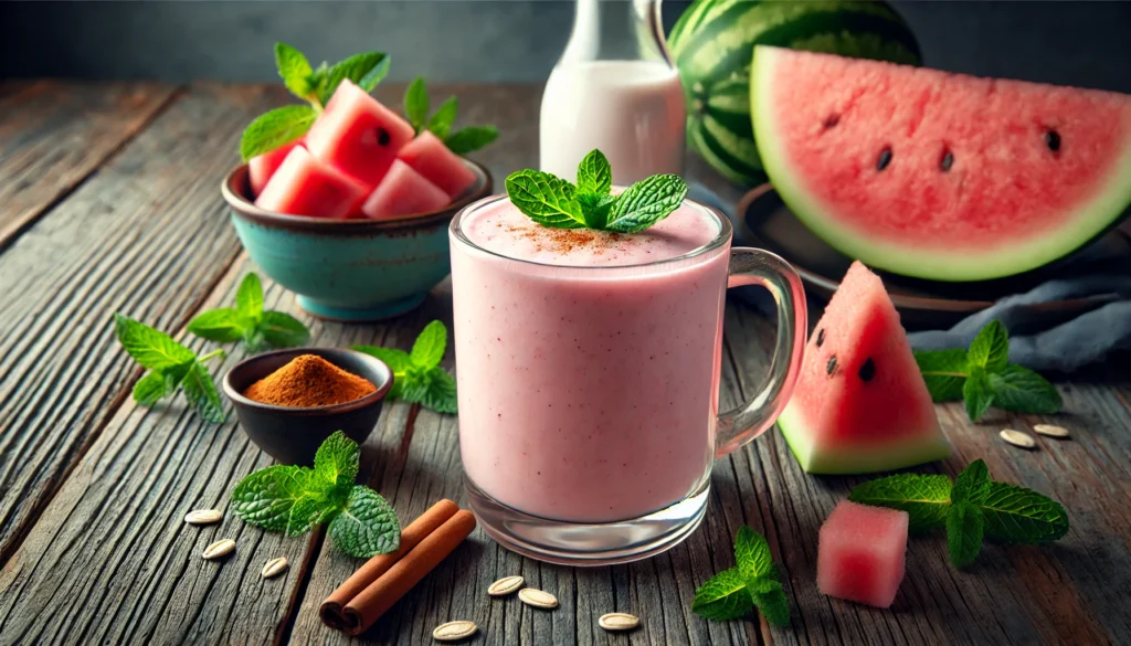 A creamy pink smoothie made with watermelon and mint, topped with cinnamon and mint leaves, surrounded by oat milk, maple syrup, cinnamon, and fresh watermelon on a rustic wooden surface.