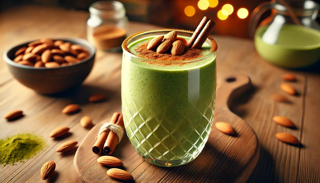A creamy almond matcha smoothie in a tall glass, garnished with cinnamon and almond slices, placed on a wooden surface with a cozy kitchen background and warm lighting.