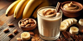 A thick and creamy banana smoothie garnished with cinnamon, surrounded by fresh bananas, almonds, almond butter, and anise spice on a wooden surface, creating a warm and cozy nighttime atmosphere.