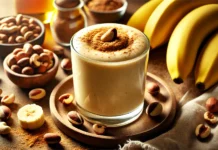 A creamy banana-Brazil nut smoothie in a glass, surrounded by fresh bananas, Brazil nuts, and a sprinkle of cinnamon. The smoothie has a velvety texture with a golden hue, set against a warm and cozy background for a relaxing bedtime drink.