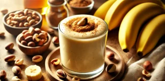 A creamy banana-Brazil nut smoothie in a glass, surrounded by fresh bananas, Brazil nuts, and a sprinkle of cinnamon. The smoothie has a velvety texture with a golden hue, set against a warm and cozy background for a relaxing bedtime drink.
