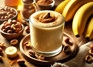 A creamy banana-Brazil nut smoothie in a glass, surrounded by fresh bananas, Brazil nuts, and a sprinkle of cinnamon. The smoothie has a velvety texture with a golden hue, set against a warm and cozy background for a relaxing bedtime drink.