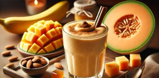 A creamy, soft-orange smoothie in a clear glass, made with cantaloupe, almond milk, banana, and almond butter. The smoothie is garnished with a sprinkle of cinnamon and a drizzle of honey, surrounded by fresh ingredients in a warm, cozy setting.