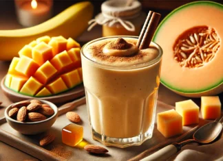 A creamy, soft-orange smoothie in a clear glass, made with cantaloupe, almond milk, banana, and almond butter. The smoothie is garnished with a sprinkle of cinnamon and a drizzle of honey, surrounded by fresh ingredients in a warm, cozy setting.