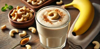 A creamy beige cashew banana smoothie in a clear glass, garnished with a sprinkle of cinnamon and a cashew nut. The background includes a wooden countertop with a banana, a small bowl of raw cashews, a glass of almond milk, and a drizzle of honey.
