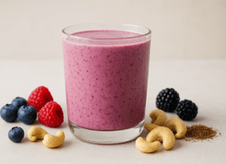 A vibrant heart-healthy smoothie made with soaked cashews, blueberries, raspberries, blackberries, and flaxseed, served in a clear glass and surrounded by fresh berries, cashews, and flax on a wellness-inspired minimalist background.
