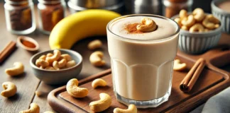 A creamy cashew smoothie in a glass, featuring a rich beige color with a smooth texture. The smoothie is placed on a wooden table, surrounded by raw cashews, a sliced banana, and a sprinkle of cinnamon. A soft, natural light highlights the creamy consistency, with a blurred cozy kitchen background.