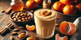 A thick and creamy clementine smoothie garnished with cinnamon, surrounded by fresh clementines, almonds, almond butter, and honey on a wooden surface, creating a warm and cozy nighttime atmosphere.